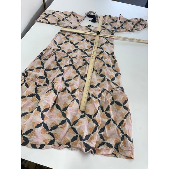 The Odells Dress Womens X Small Pink White Geo Print Lyla Motif Midi Puff Sleeve - Picture 7 of 9